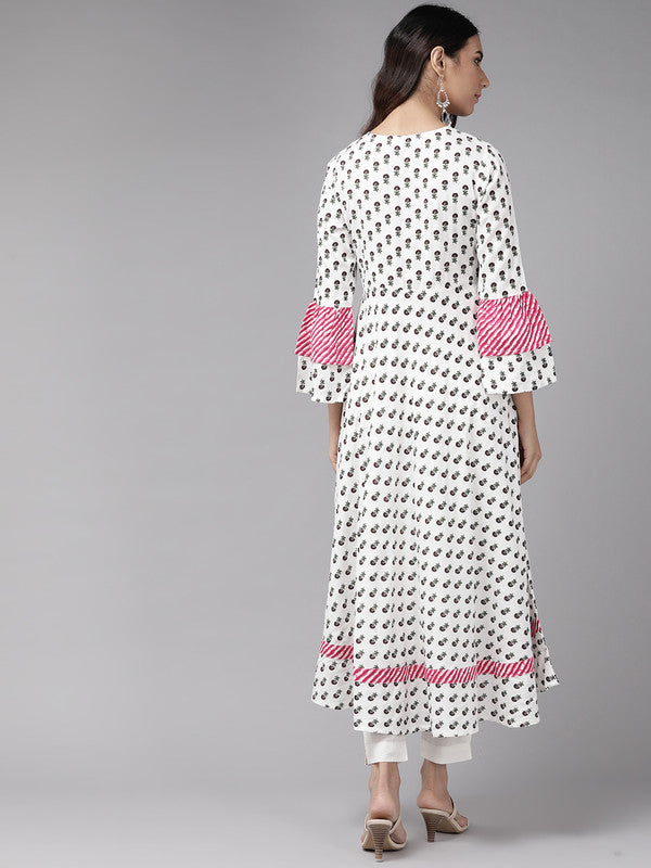 Rayon Floral Printed Anarkali Kurta (White)