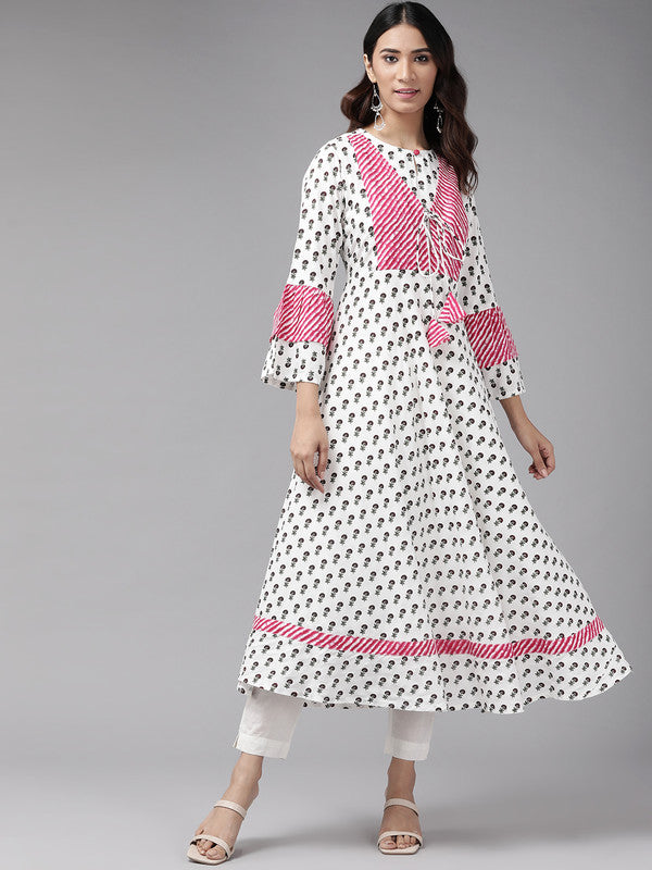 Rayon Floral Printed Anarkali Kurta (White)