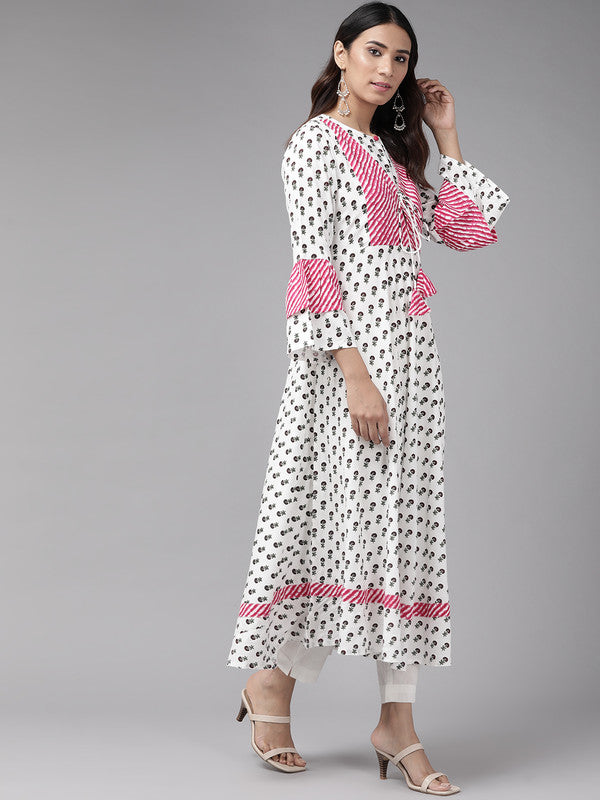 Rayon Floral Printed Anarkali Kurta (White)