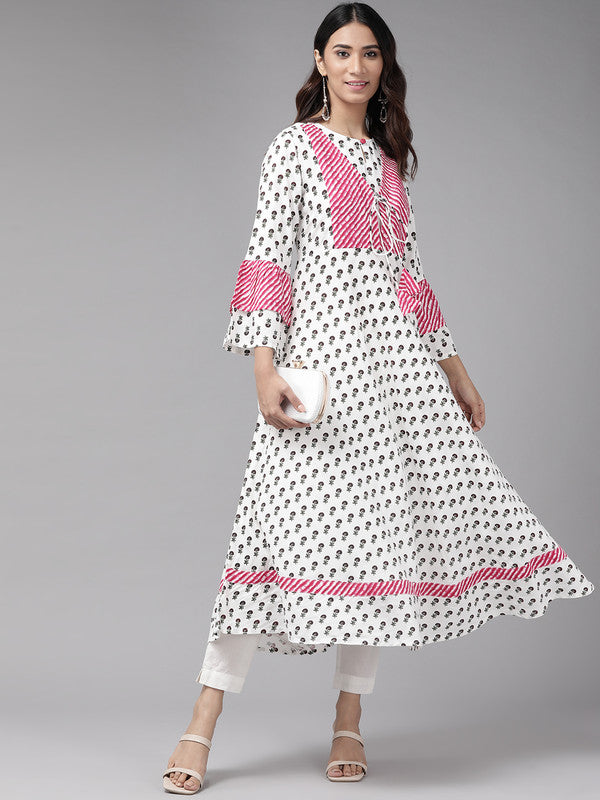 Rayon Floral Printed Anarkali Kurta (White)
