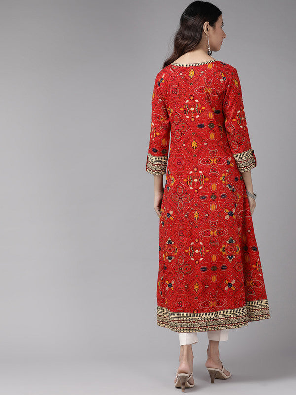 womens rayon bandhej printed anarkali kurta red