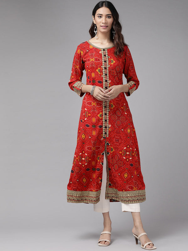womens rayon bandhej printed anarkali kurta red