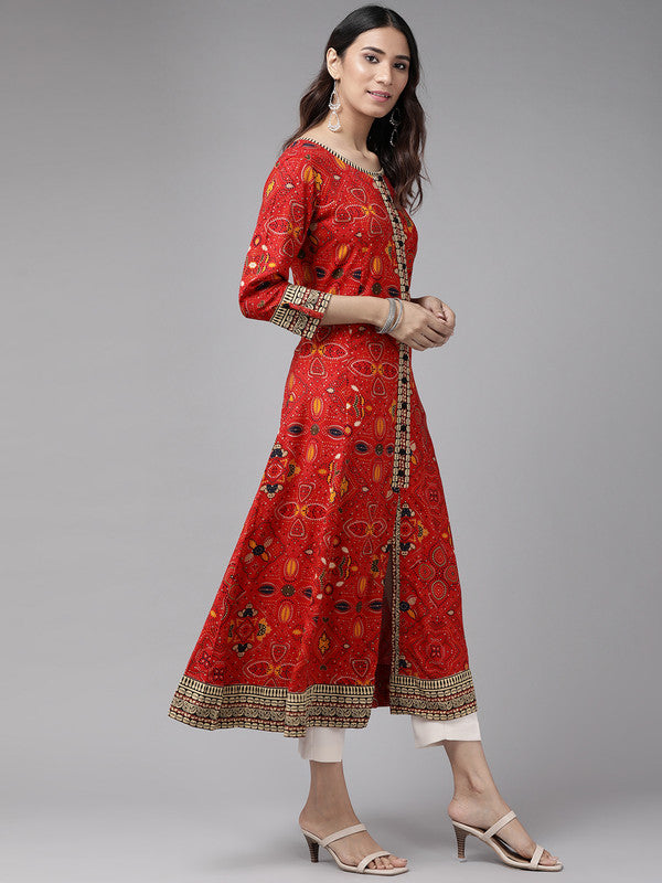 womens rayon bandhej printed anarkali kurta red