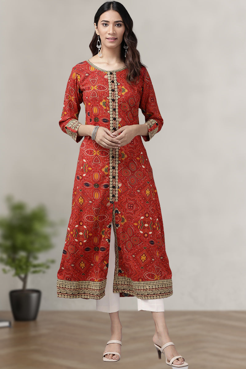 womens rayon bandhej printed anarkali kurta red