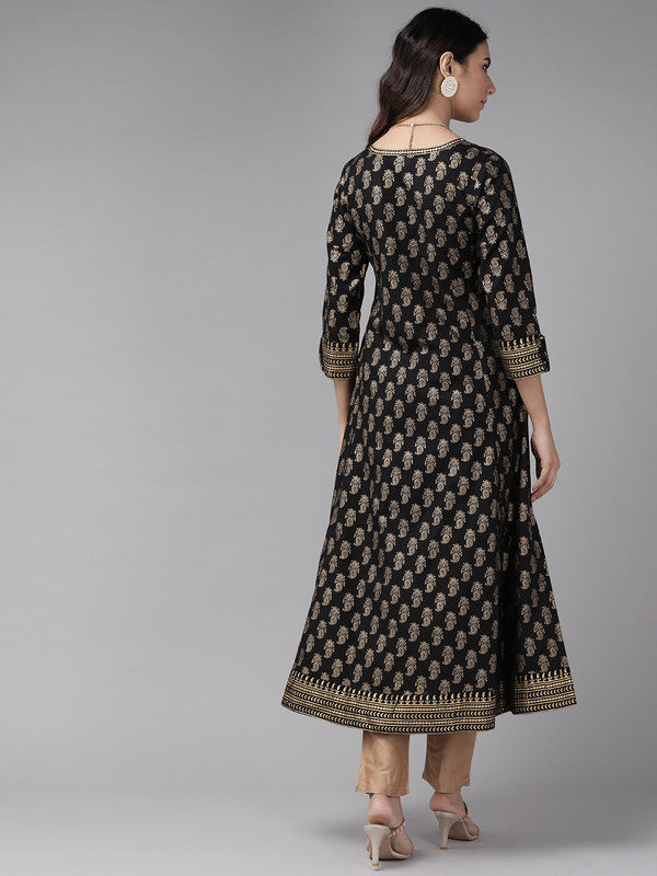 Cotton Gold Print Anarkali Kurta (Black)
