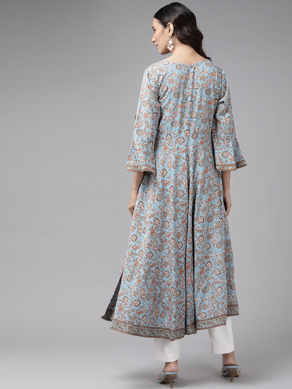 Rayon Angrakha Style Floral Printed Anarkali Kurta (Blue)