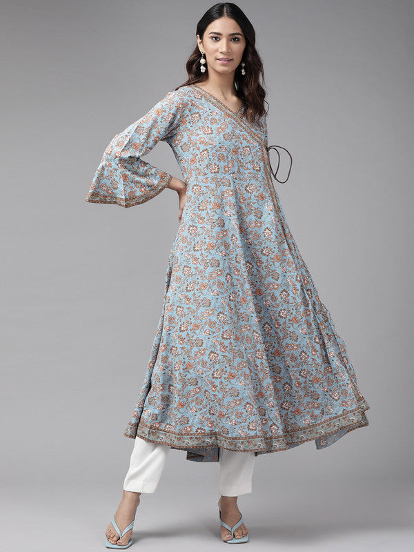 Rayon Angrakha Style Floral Printed Anarkali Kurta (Blue)
