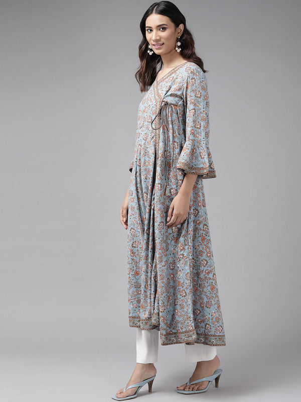 Rayon Angrakha Style Floral Printed Anarkali Kurta (Blue)