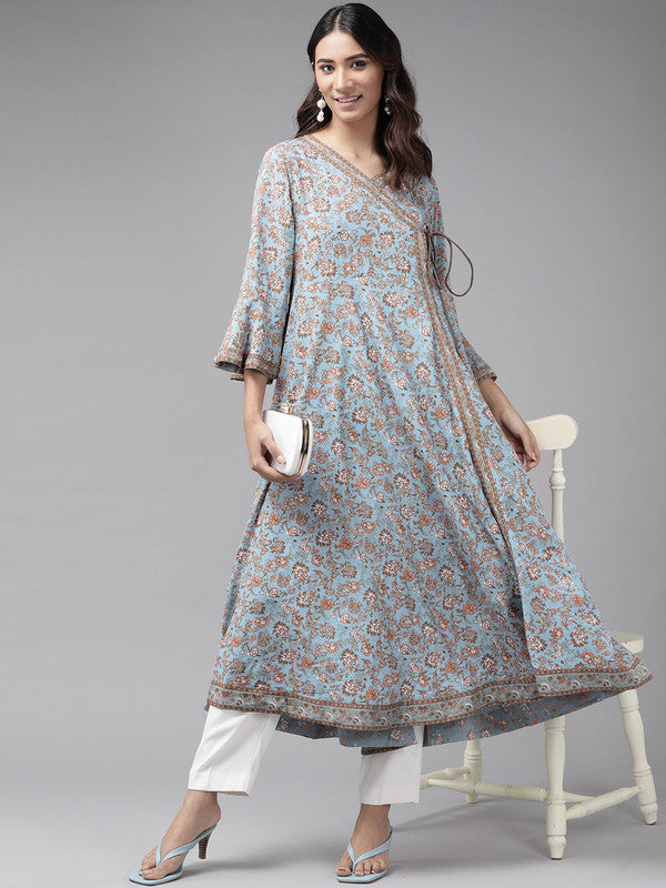 Rayon Angrakha Style Floral Printed Anarkali Kurta (Blue)