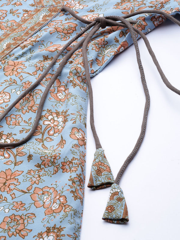 Rayon Angrakha Style Floral Printed Anarkali Kurta (Blue)