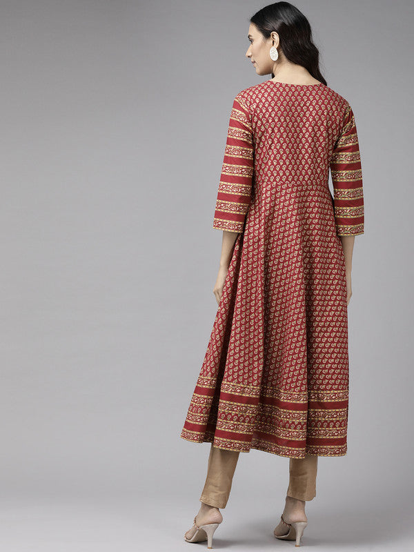 Cotton Anarkali Style Floral Printed Anarkali Kurta (Maroon)