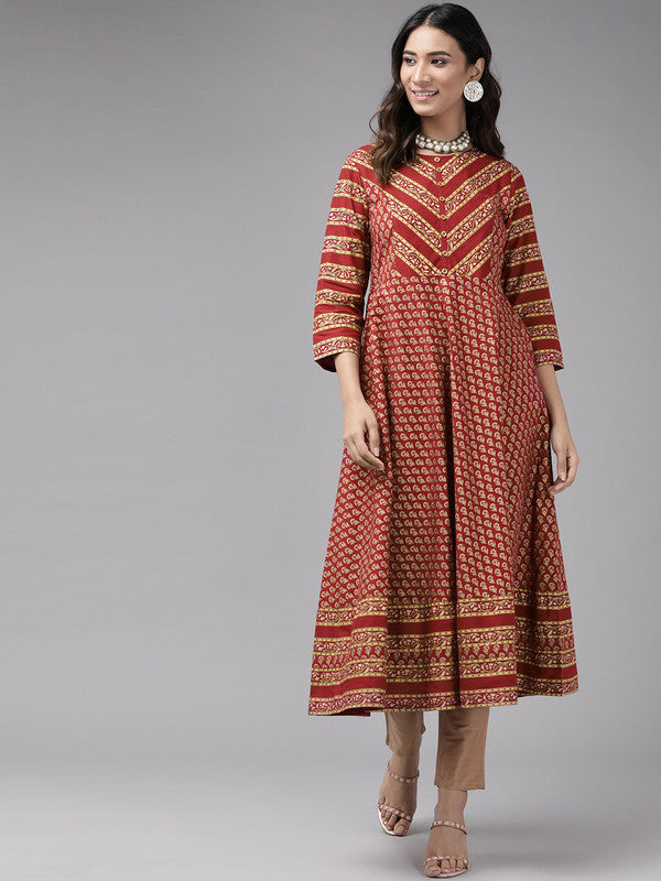 Cotton Anarkali Style Floral Printed Anarkali Kurta (Maroon)