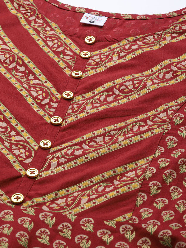 Cotton Anarkali Style Floral Printed Anarkali Kurta (Maroon)