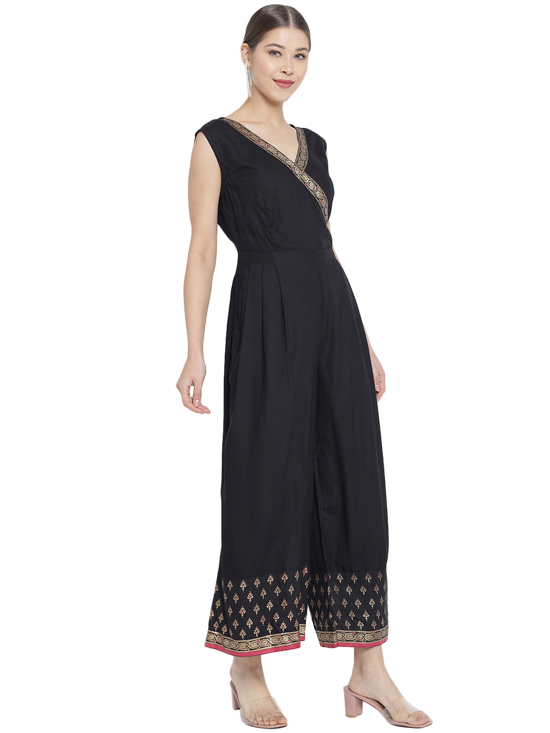 Yash Gallery Women's Rayon Printed Jumpsuit (Black)