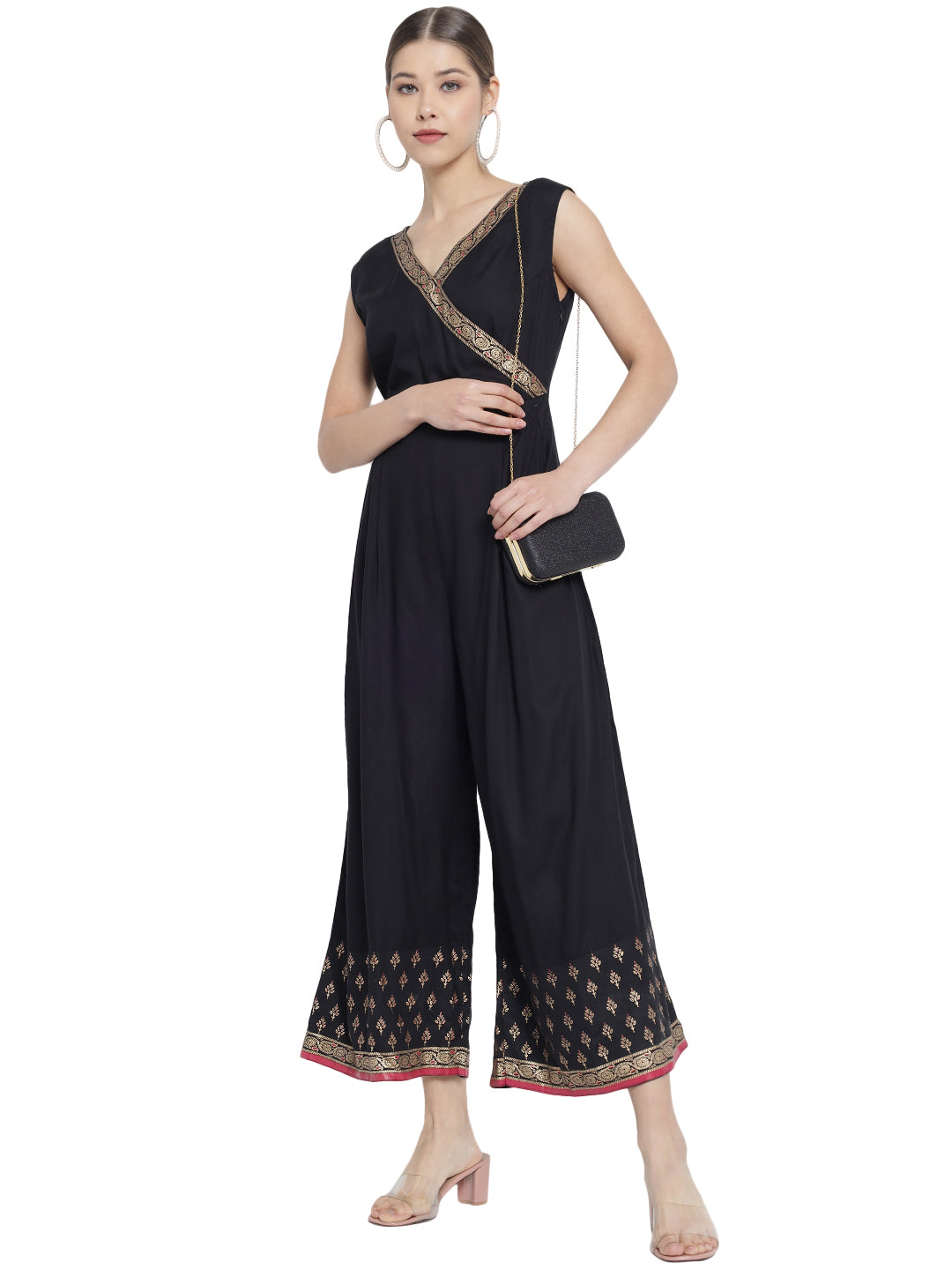 Yash Gallery Women's Rayon Printed Jumpsuit (Black)