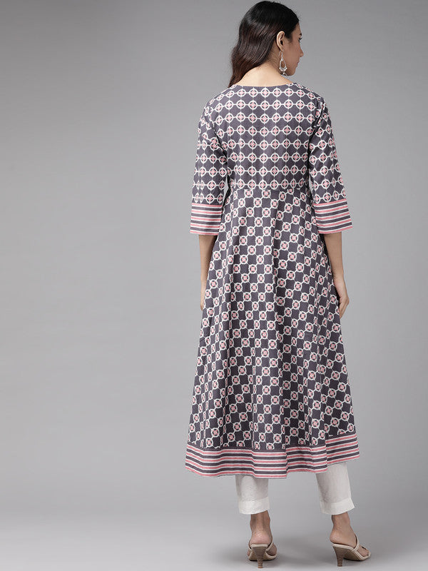 Cotton Floral Printed Anarkali Kurta (Pink)