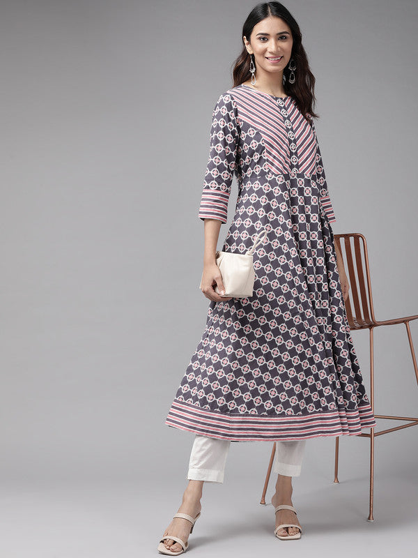 Cotton Floral Printed Anarkali Kurta (Pink)