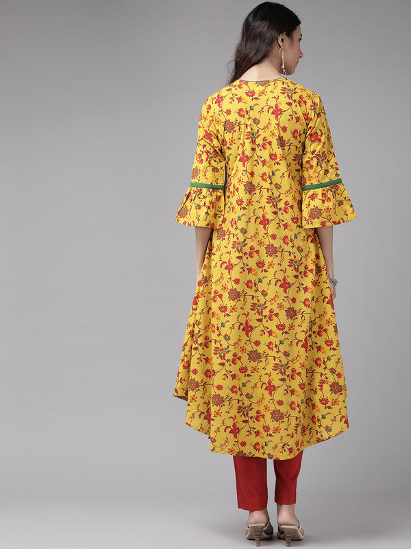 Cotton Floral Printed Anarkali Kurta (Mustard)