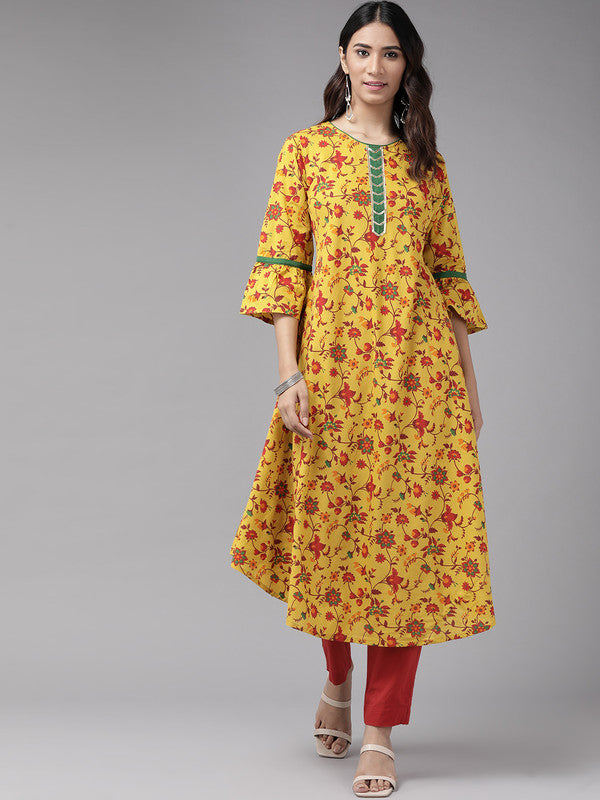 Cotton Floral Printed Anarkali Kurta (Mustard)