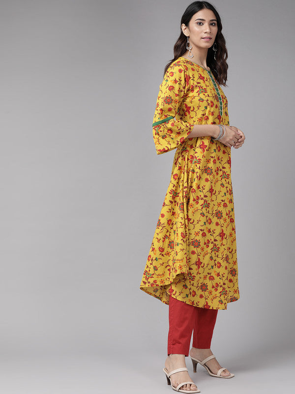 Cotton Floral Printed Anarkali Kurta (Mustard)