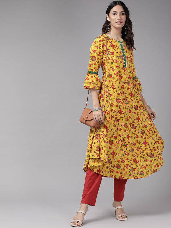 Cotton Floral Printed Anarkali Kurta (Mustard)
