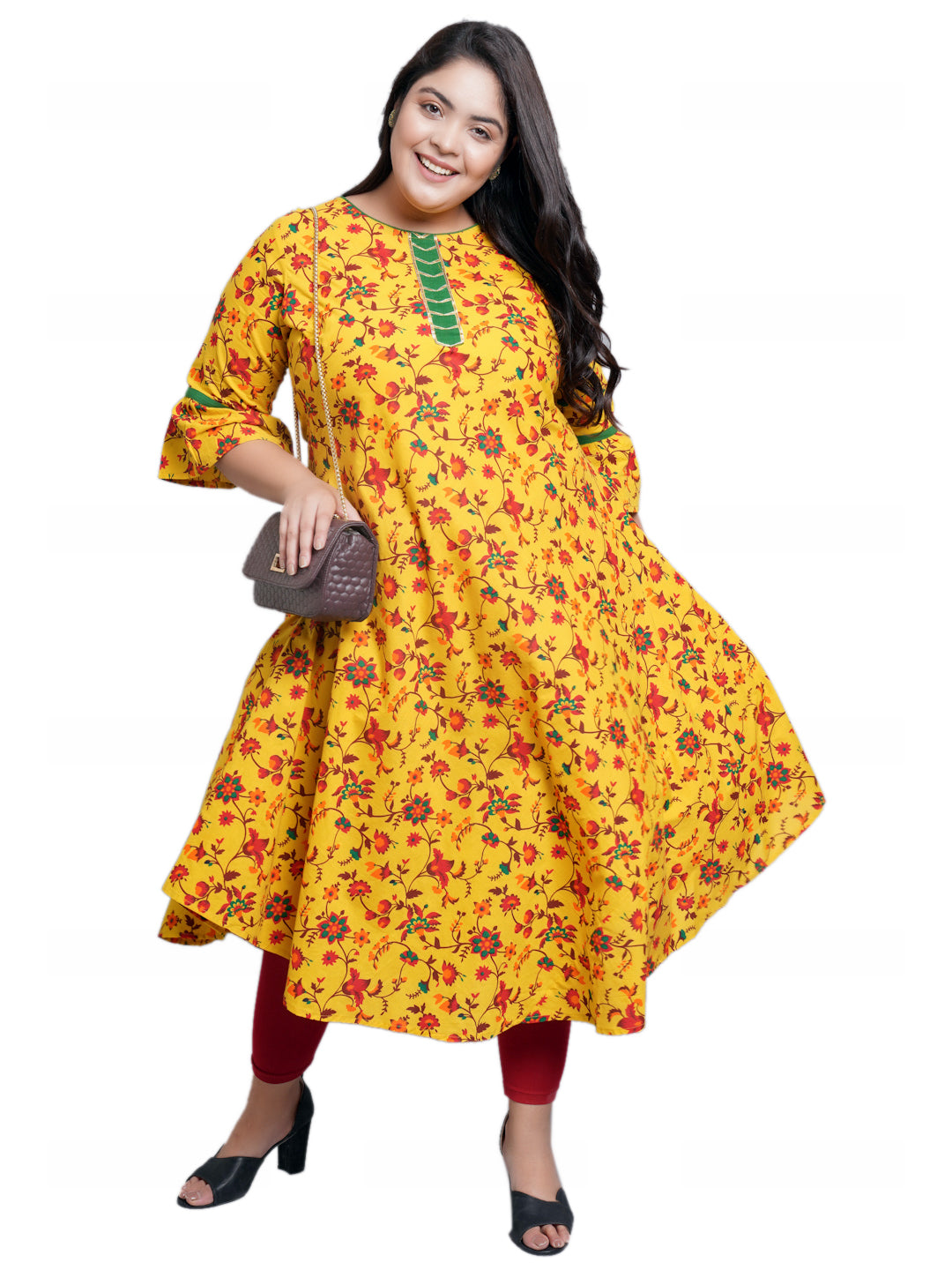 Cotton Floral Printed Anarkali Kurta (Mustard)