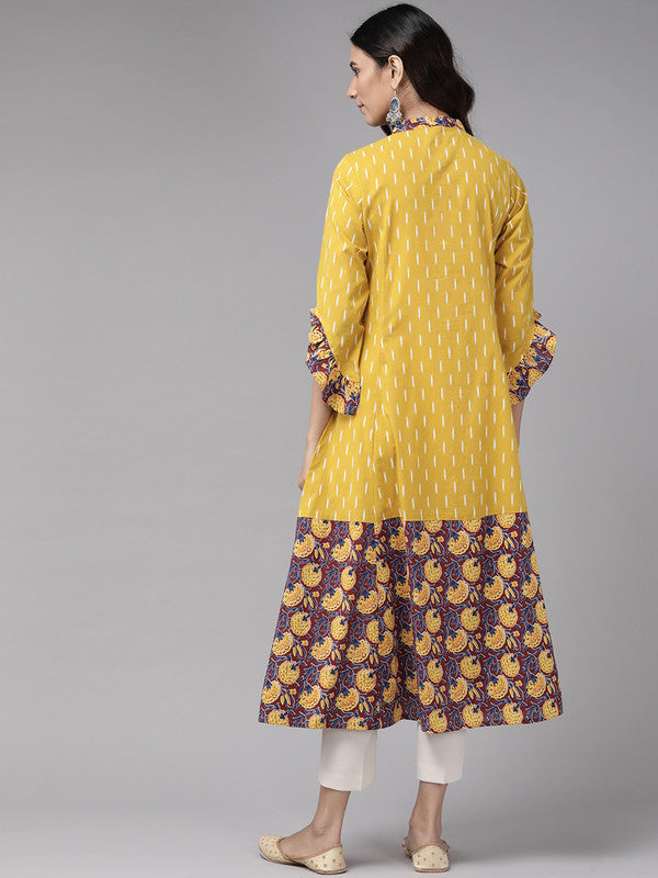 Cotton Ikat & Floral Printed Anarkali Kurta (Mustard)