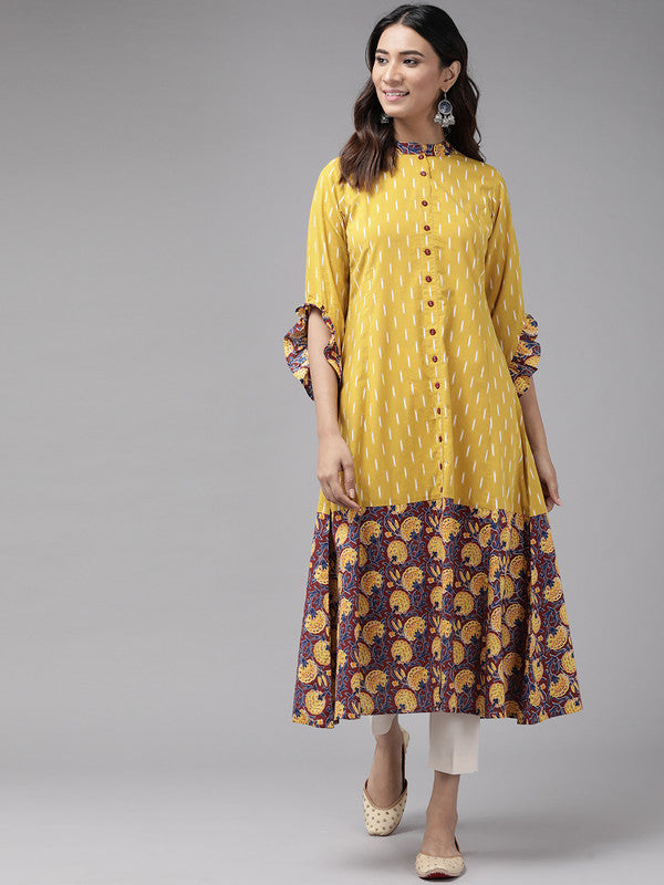 Cotton Ikat & Floral Printed Anarkali Kurta (Mustard)