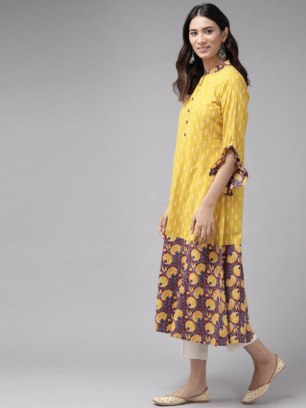 Cotton Ikat & Floral Printed Anarkali Kurta (Mustard)