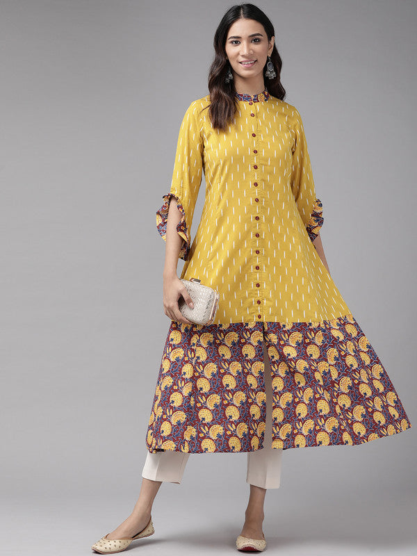 Cotton Ikat & Floral Printed Anarkali Kurta (Mustard)