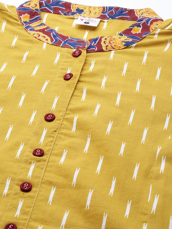 Cotton Ikat & Floral Printed Anarkali Kurta (Mustard)