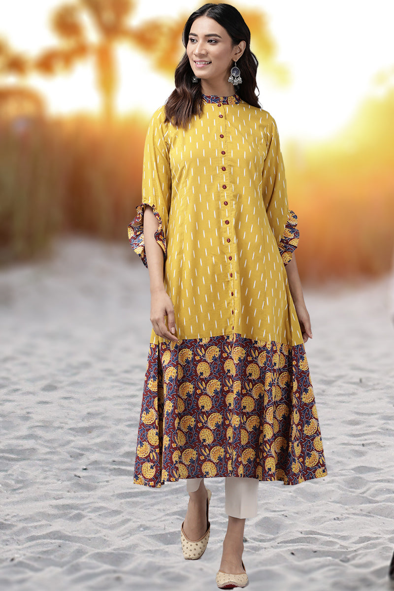 Cotton Ikat & Floral Printed Anarkali Kurta (Mustard)