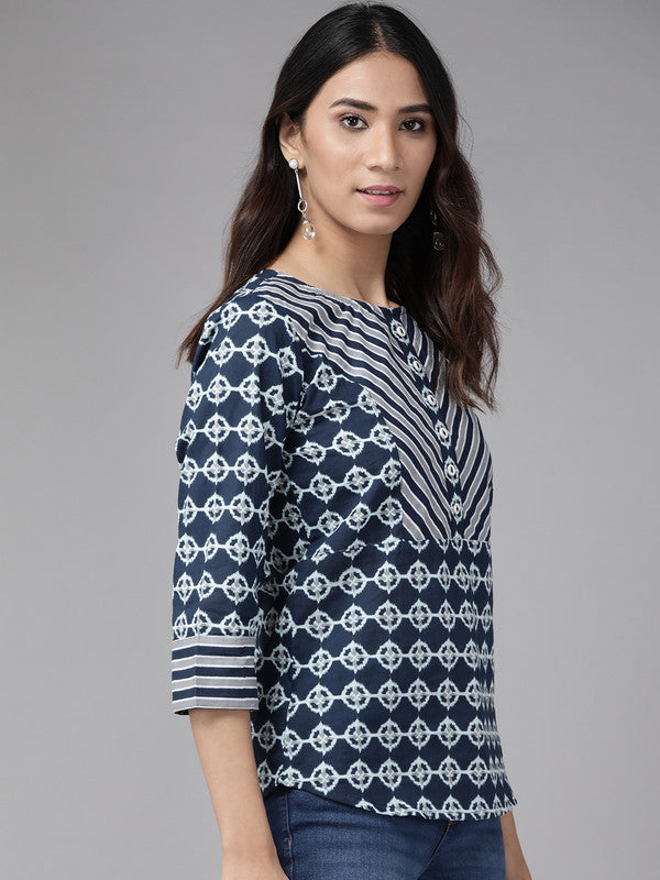 Cotton Floral Printed Regular Top(BLUE)