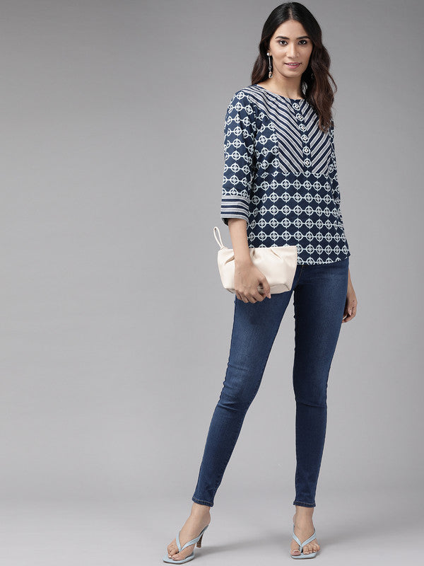 Cotton Floral Printed Regular Top(BLUE)