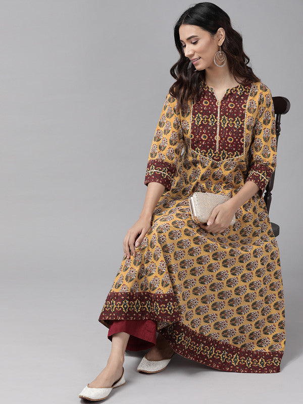 Cotton Floral Printed Anarkali Kurta (Mustard)