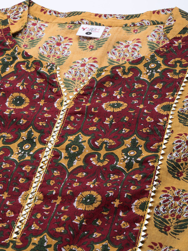 Cotton Floral Printed Anarkali Kurta (Mustard)