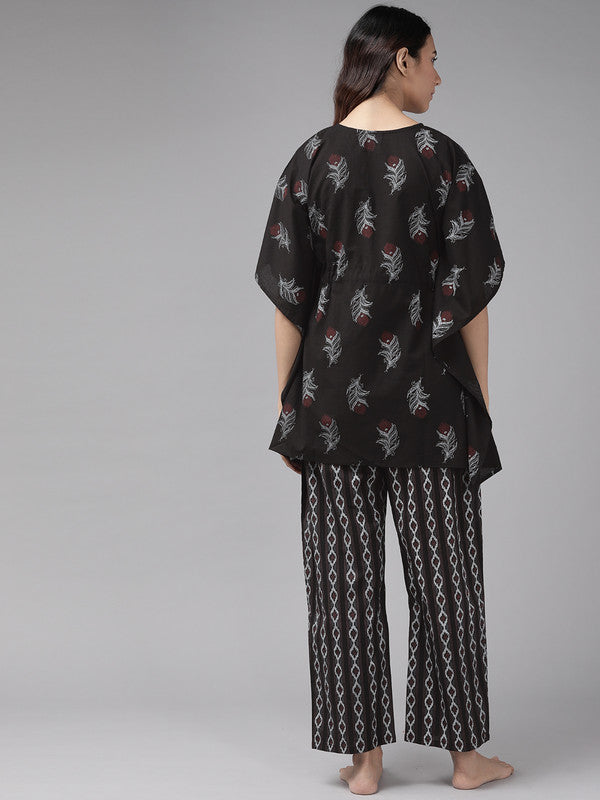 Floral Printed Kaftan Night Suit(Black)