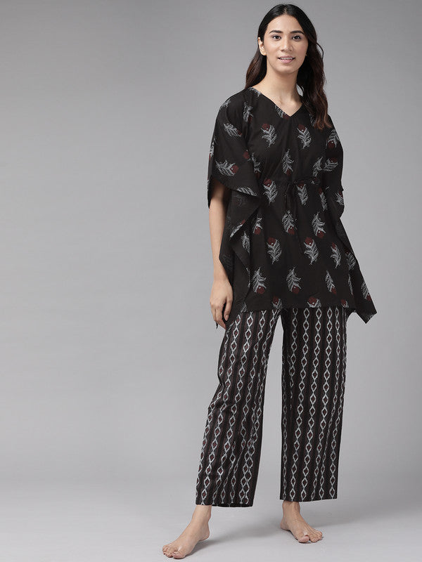 Floral Printed Kaftan Night Suit(Black)