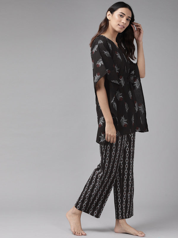 Floral Printed Kaftan Night Suit(Black)