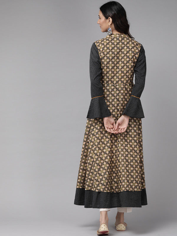 Cotton Multi Print Embroidered Anarkali Kurta (Black)