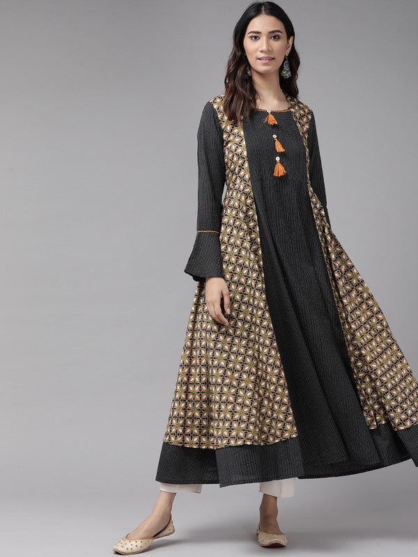 Cotton Multi Print Embroidered Anarkali Kurta (Black)