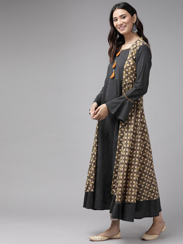 Cotton Multi Print Embroidered Anarkali Kurta (Black)