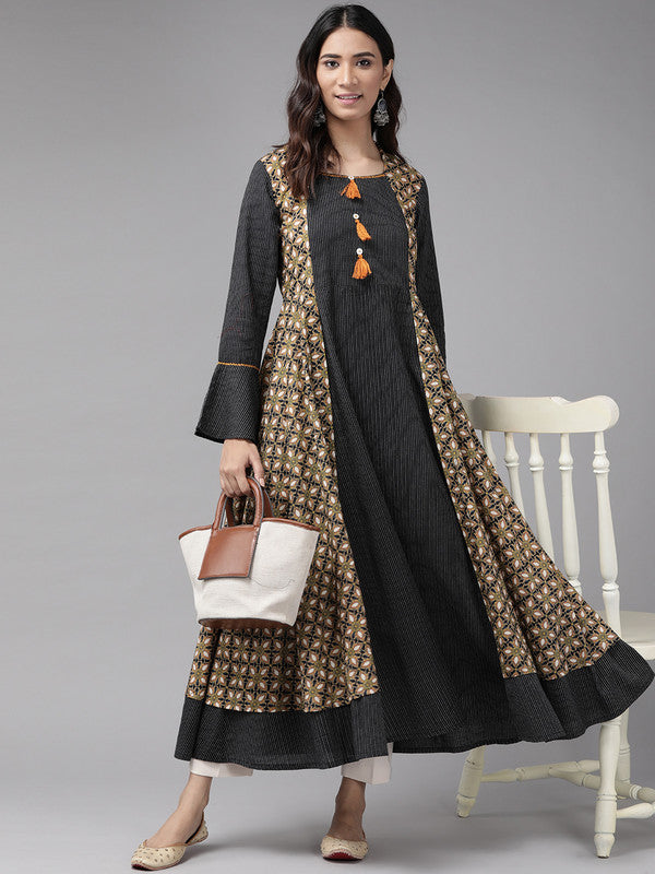 Cotton Multi Print Embroidered Anarkali Kurta (Black)