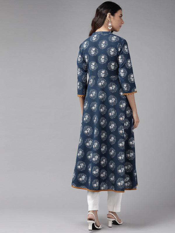 womens cotton blend floral print anarkali kurta blue