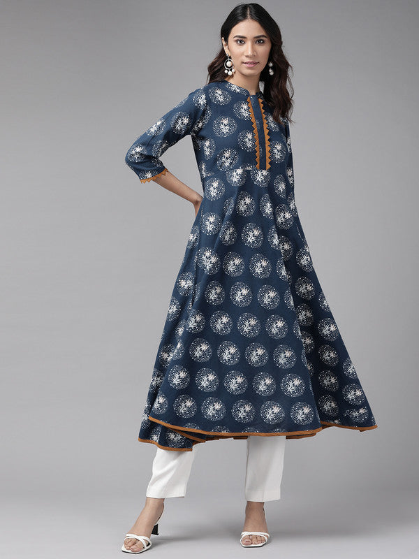 womens cotton blend floral print anarkali kurta blue