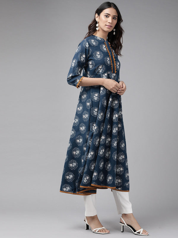 womens cotton blend floral print anarkali kurta blue
