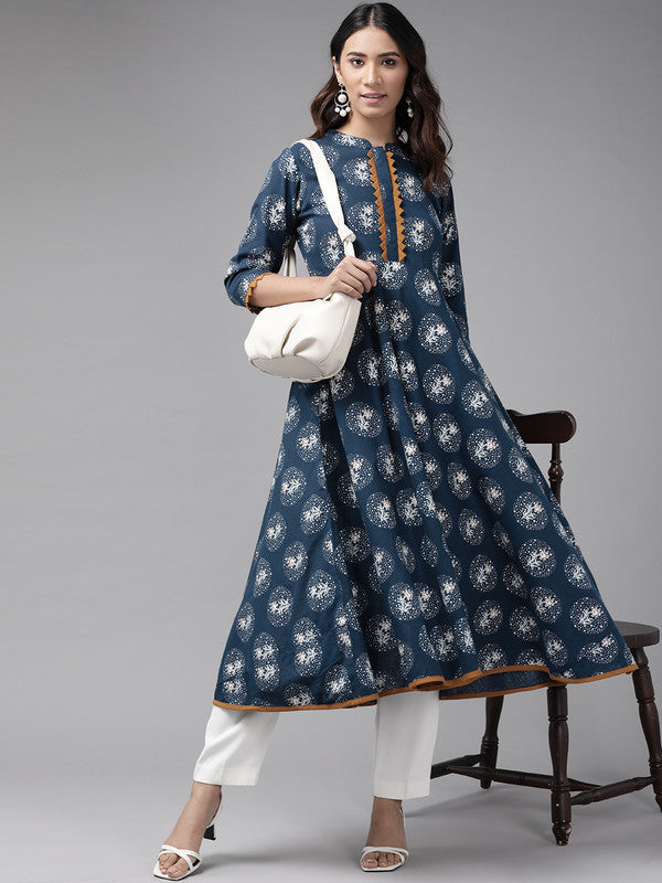 womens cotton blend floral print anarkali kurta blue