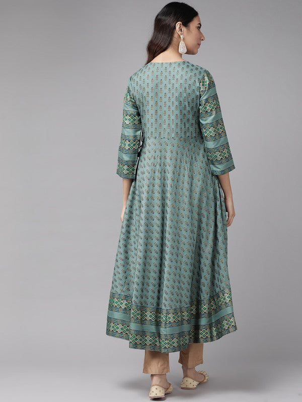 womens rayon floral print anarkali kurta green