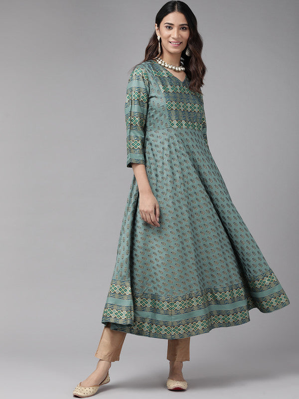 womens rayon floral print anarkali kurta green