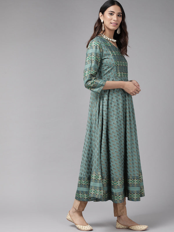 womens rayon floral print anarkali kurta green